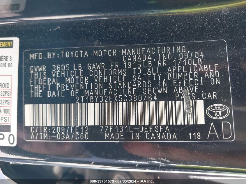 2005 Toyota Corolla Xrs VIN: 2T1BY32EX5C380764 Lot: 39751579