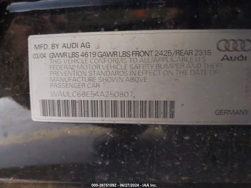 2004 Audi A4 1.8T Quattro VIN: WAULC68E54A250807 Lot: 39751592