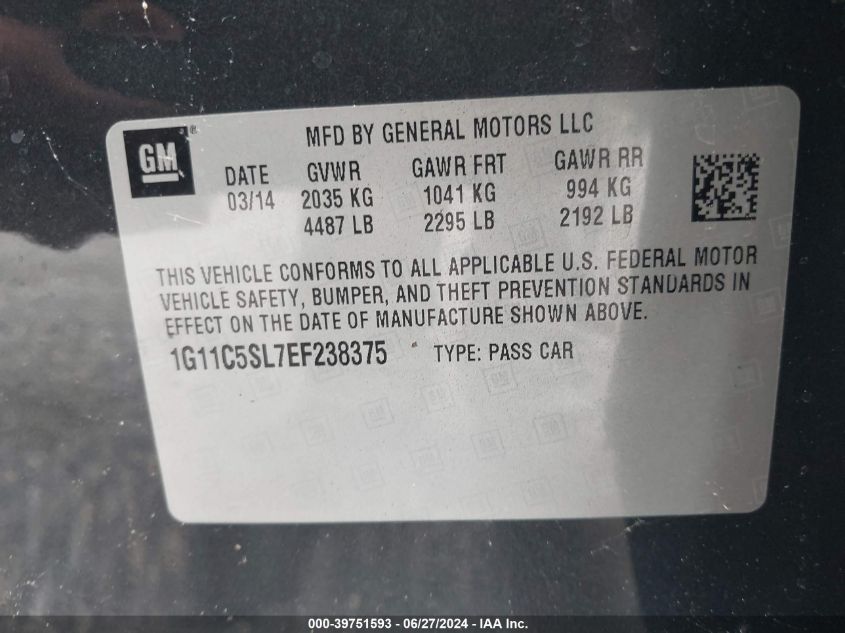 1G11C5SL7EF238375 | 2014 CHEVROLET MALIBU