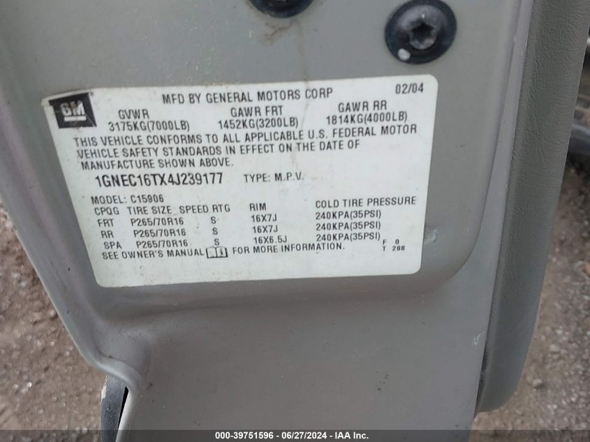 2004 Chevrolet Suburban 1500 Ls VIN: 1GNEC16TX4J239177 Lot: 39751596