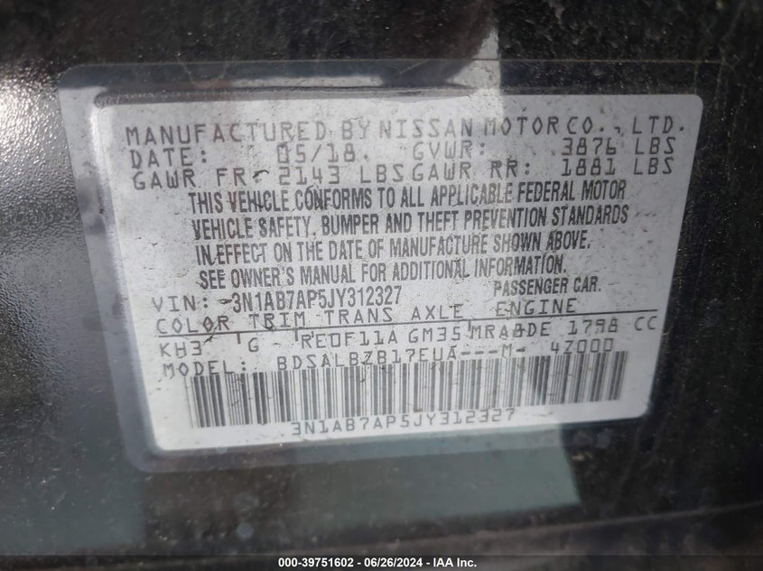 2018 Nissan Sentra S VIN: 3N1AB7AP5JY312327 Lot: 39751602