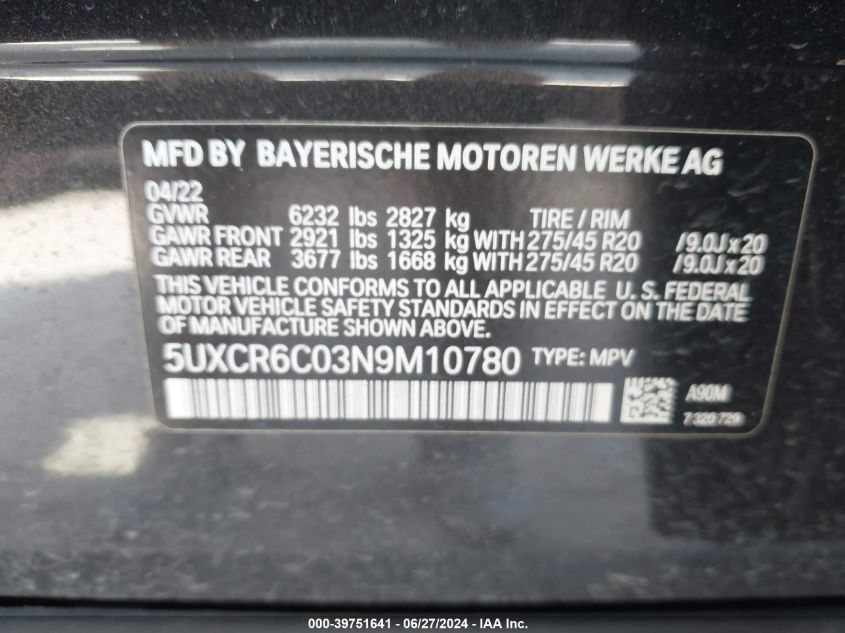 2022 BMW X5 xDrive40I VIN: 5UXCR6C03N9M10780 Lot: 39751641