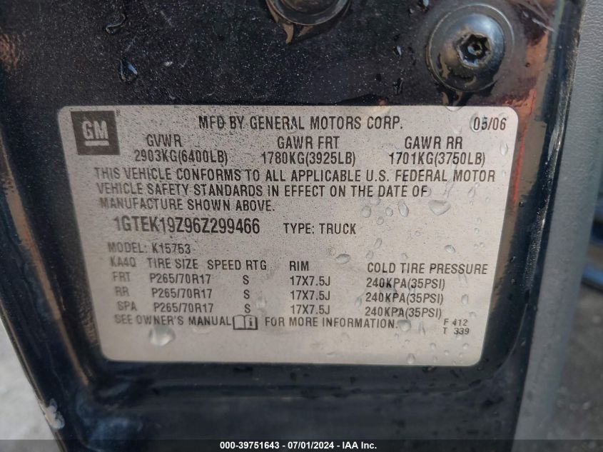 2006 GMC Sierra 1500 Sle1 VIN: 1GTEK19Z96Z299466 Lot: 39751643