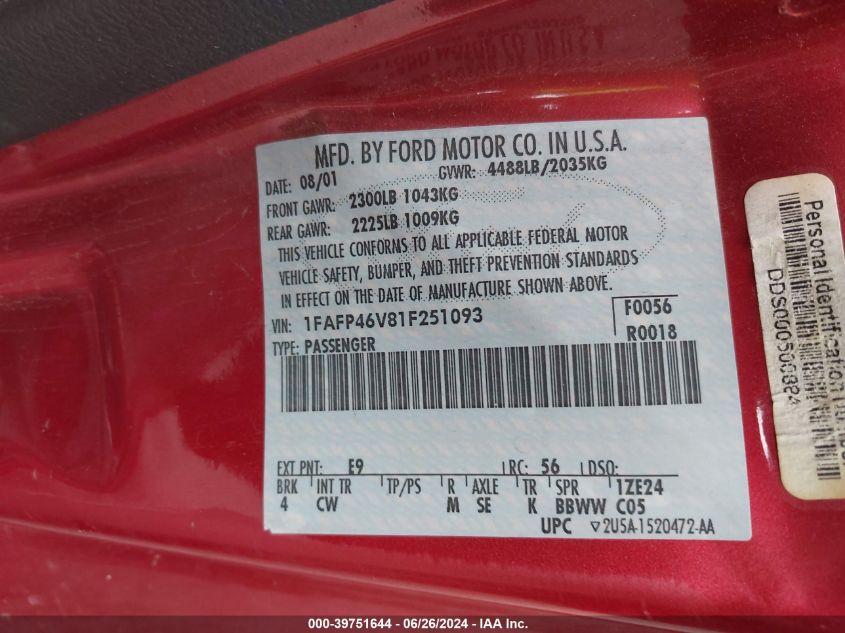 2001 Ford Mustang Cobra VIN: 1FAFP46V81F251093 Lot: 39751644