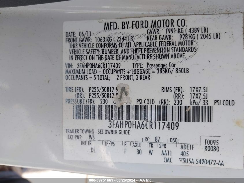 2012 Ford Fusion Se VIN: 3FAHP0HA6CR117409 Lot: 39751661