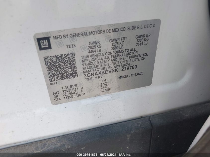 2019 Chevrolet Equinox Lt VIN: 3GNAXKEVXKL219769 Lot: 39751675