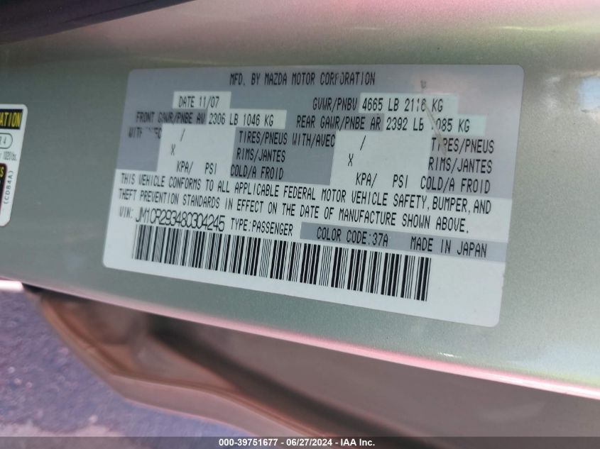 2008 Mazda Mazda5 Sport VIN: JM1CR293480304245 Lot: 39751677