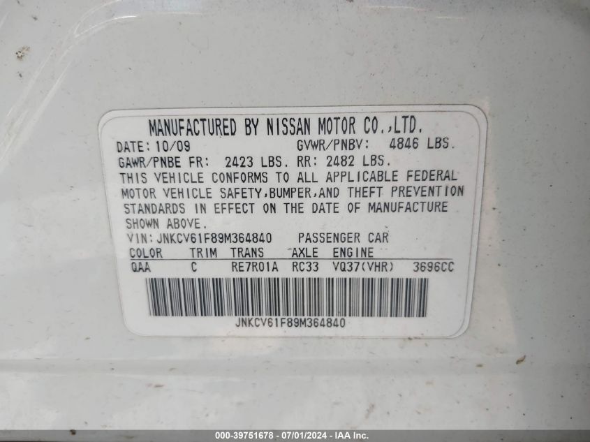 2009 Infiniti G37X VIN: JNKCV61F89M364840 Lot: 39751678