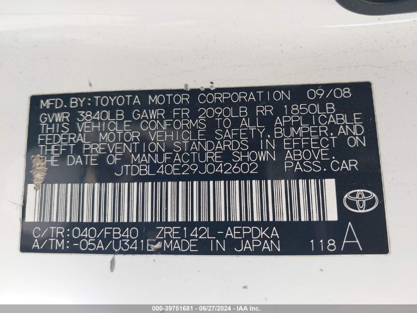 2009 Toyota Corolla Le VIN: JTDBL40E29J042602 Lot: 39751681