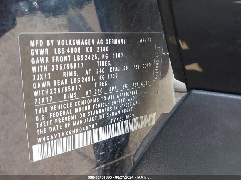 2017 Volkswagen Tiguan 2.0T/2.0T S VIN: WVGAV7AX6HK045787 Lot: 39751695