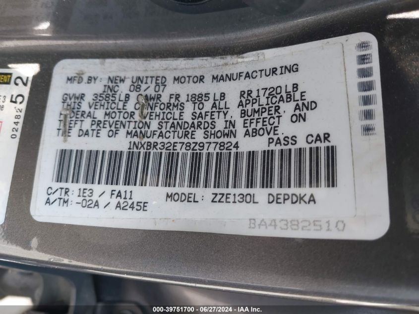 2008 Toyota Corolla Ce VIN: 1NXBR32E78Z977824 Lot: 39751700