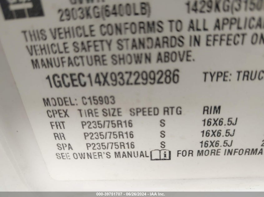 2003 Chevrolet Silverado 1500 Work Truck VIN: 1GCEC14X93Z299286 Lot: 39751707