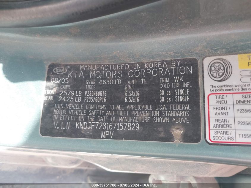 2006 Kia Sportage Ex V6/Lx V6 VIN: KNDJF723167157829 Lot: 39751708