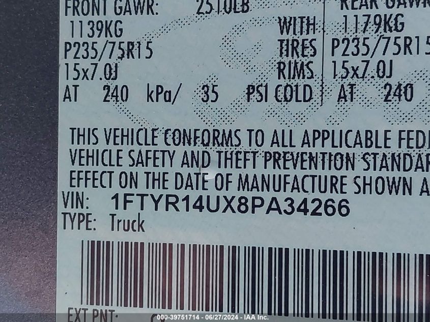 2008 Ford Ranger Super Cab VIN: 1FTYR14UX8PA34266 Lot: 39751714
