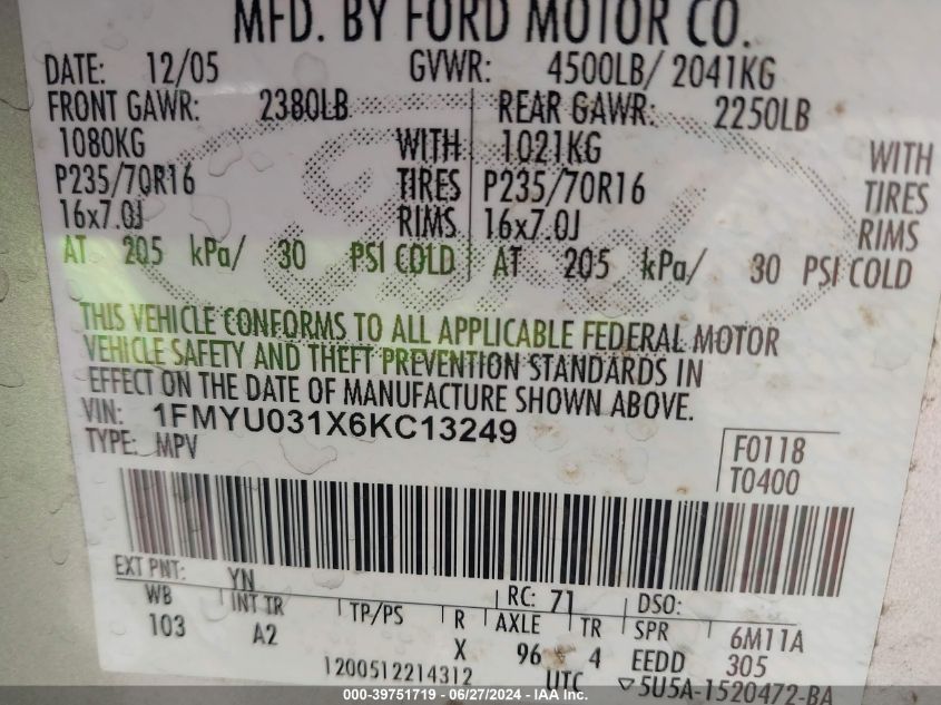 2006 Ford Escape Xlt/Xlt Sport VIN: 1FMYU031X6KC13249 Lot: 39751719