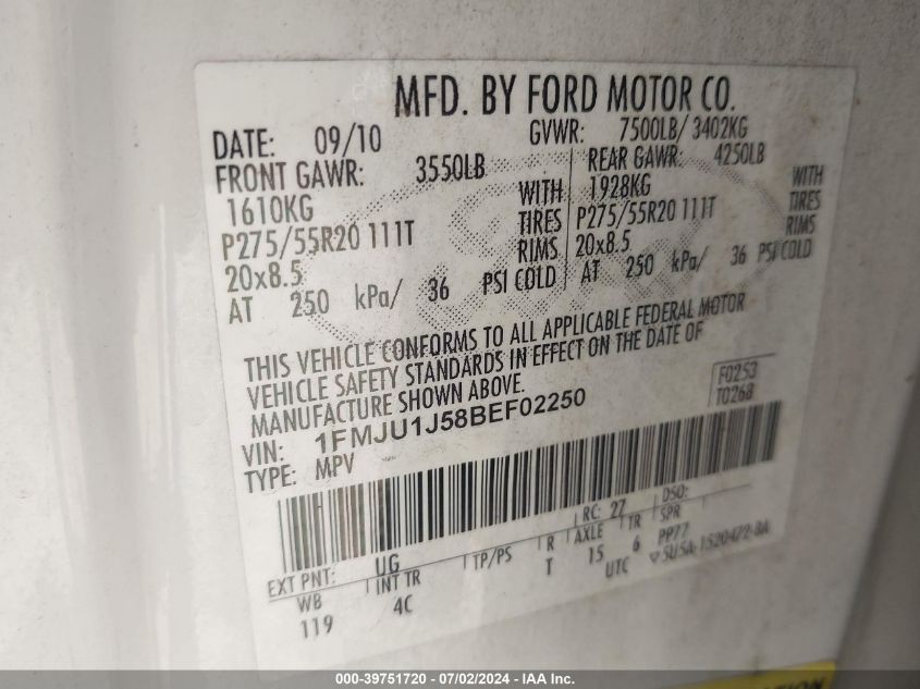 2011 Ford Expedition Xlt/King Ranch VIN: 1FMJU1J58BEF02250 Lot: 39751720