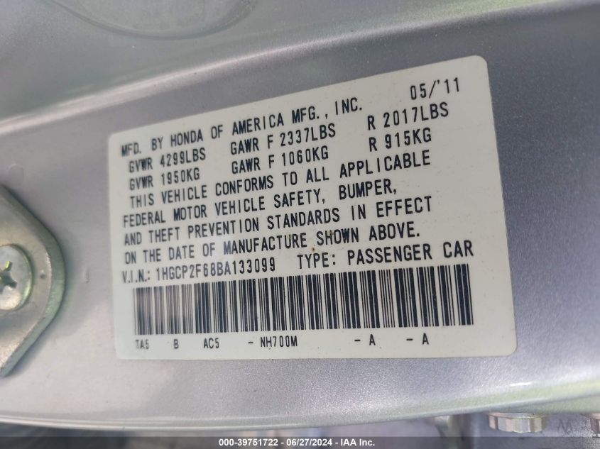 2011 Honda Accord Se VIN: 1HGCP2F68BA133099 Lot: 39751722