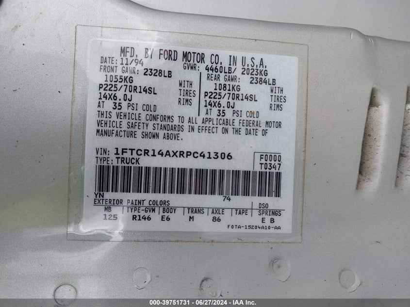 1994 Ford Ranger Super Cab VIN: 1FTCR14AXRPC41306 Lot: 39751731