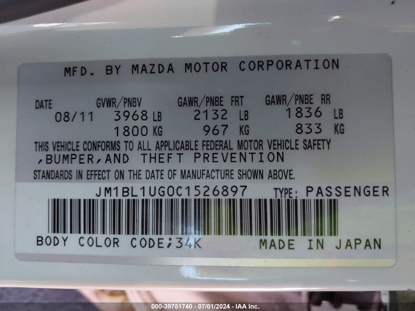 2012 Mazda Mazda3 I Sport VIN: JM1BL1UG0C1526897 Lot: 39751740