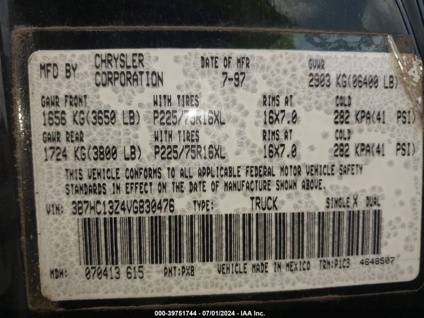 1997 Dodge Ram 1500 Laramie Slt VIN: 3B7HC13Z4VG830476 Lot: 39751744