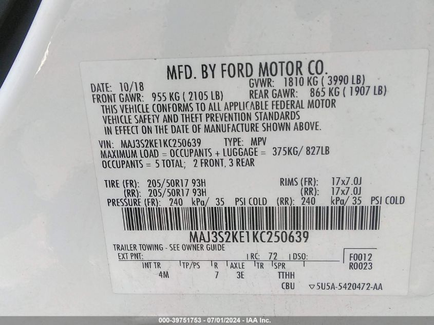 MAJ3S2KE1KC250639 2019 Ford Ecosport Titanium