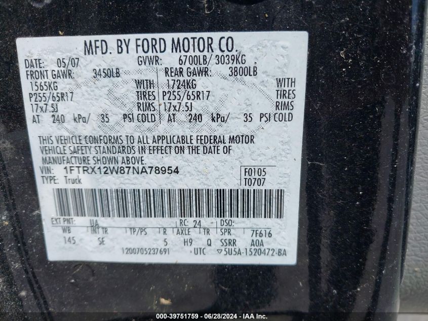 2007 Ford F-150 Stx/Xl/Xlt VIN: 1FTRX12W87NA78954 Lot: 39751759