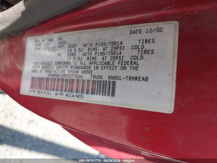 1993 Toyota Pickup 1/2 Ton Short Whlbase Stb VIN: 4TARN81A9PZ077692 Lot: 39751778