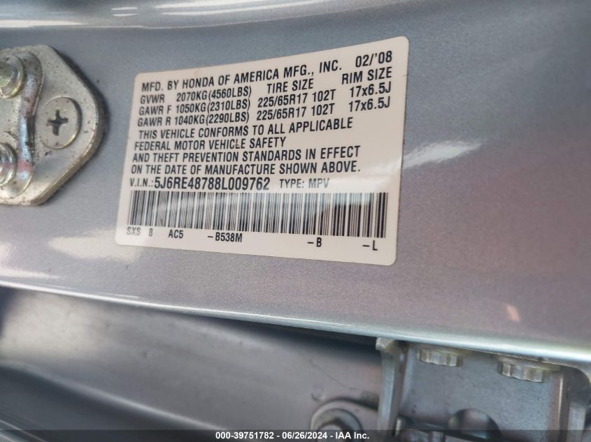 2008 Honda Cr-V Exl VIN: 5J6RE48788L009762 Lot: 39751782