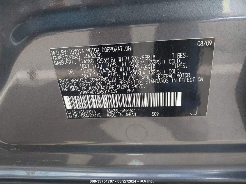 2010 Toyota Rav4 Sport VIN: JTMWF4DV5A5015409 Lot: 39751787