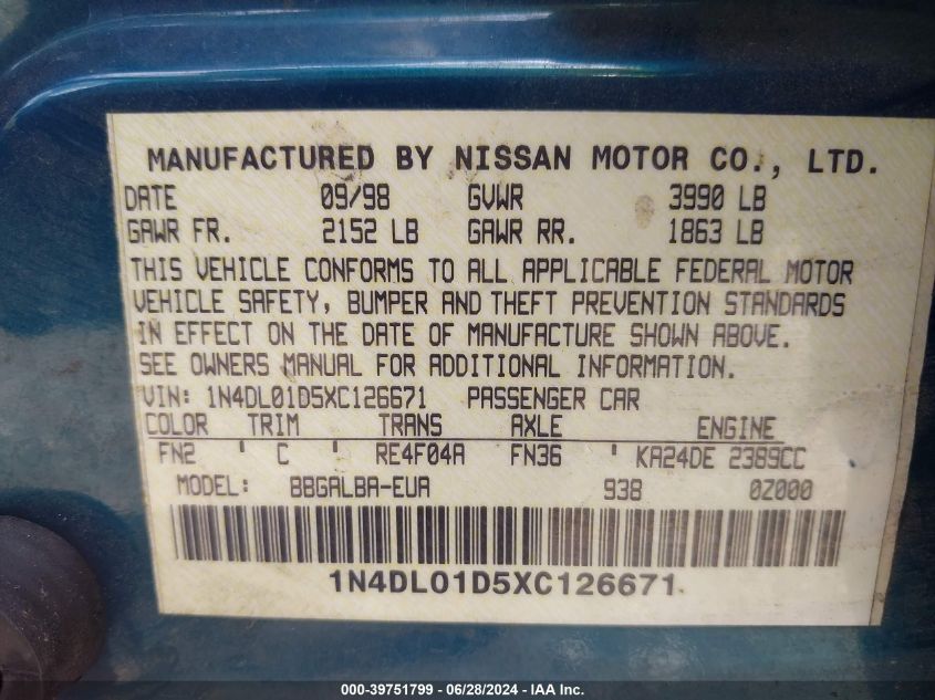 1999 Nissan Altima Gle/Gxe/Se/Se-L/Xe VIN: 1N4DL01D5XC126671 Lot: 39751799