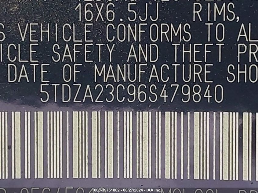 2006 Toyota Sienna Le VIN: 5TDZA23C96S479840 Lot: 39751802