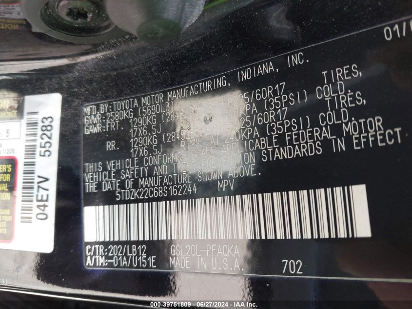 2008 Toyota Sienna Xle VIN: 5TDZK22C68S162244 Lot: 39751809