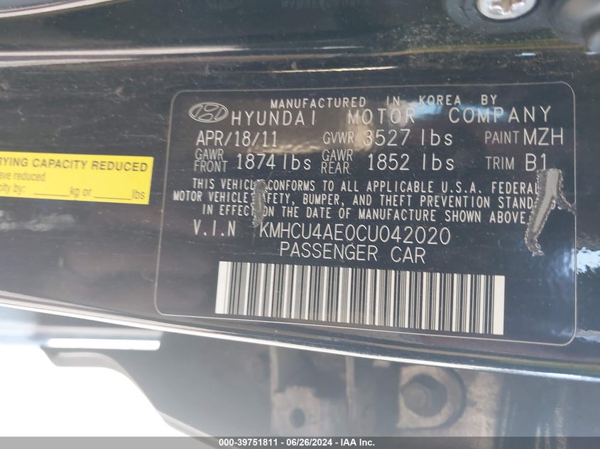 2012 Hyundai Accent Gls VIN: KMHCU4AE0CU042020 Lot: 39751811