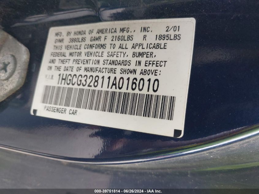 2001 Honda Accord 2.3 Lx VIN: 1HGCG32811A016010 Lot: 39751814
