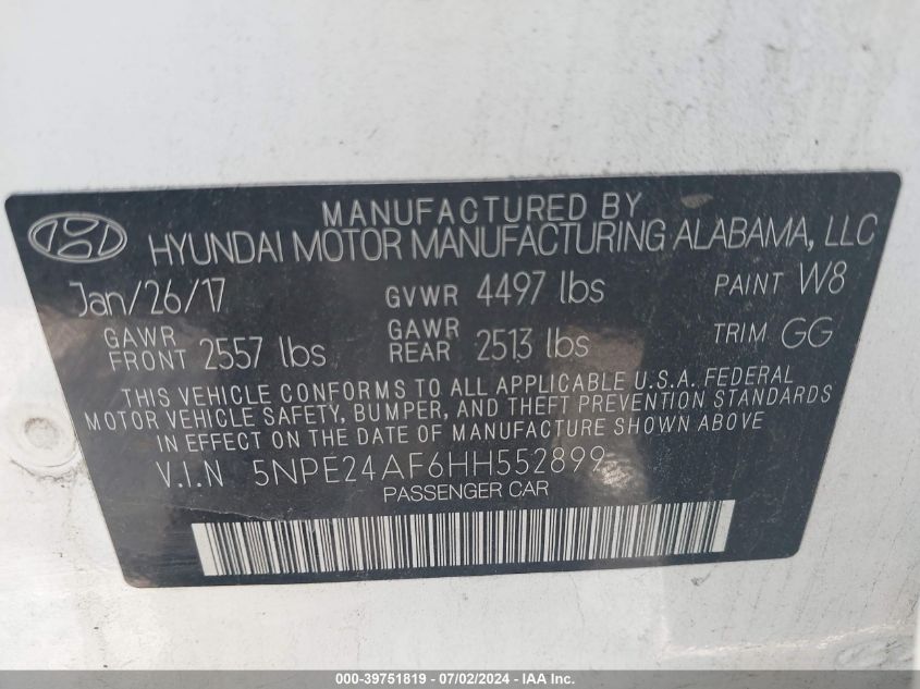 2017 HYUNDAI SONATA SE - 5NPE24AF6HH552899