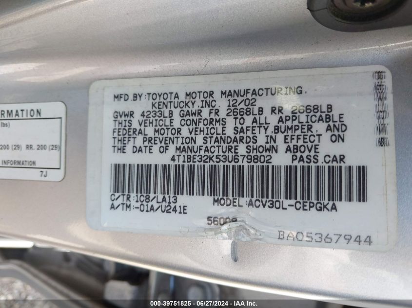 2003 Toyota Camry Le/Xle/Se VIN: 4T1BE32K53U679802 Lot: 39751825