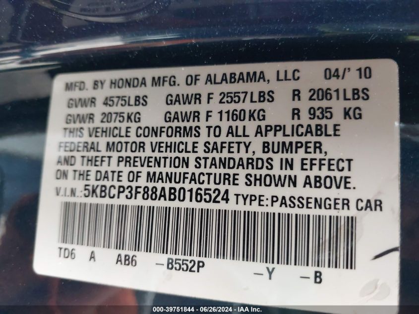 2010 Honda Accord 3.5 Ex-L VIN: 5KBCP3F88AB016524 Lot: 39751844