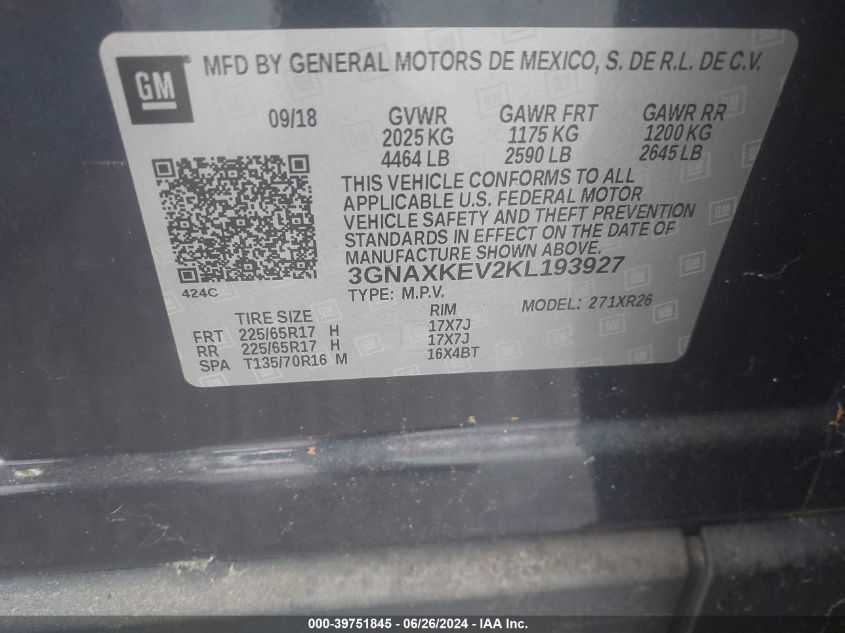 2019 Chevrolet Equinox Lt VIN: 3GNAXKEV2KL193927 Lot: 39751845