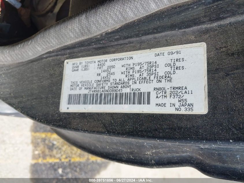 1992 Toyota Pickup 1/2 Ton Short Wheelbase VIN: JT4RN81A6N0089045 Lot: 39751856