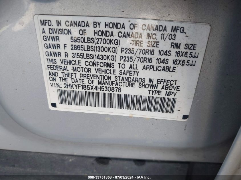 2004 Honda Pilot Ex-L VIN: 2HKYF185X4H530878 Lot: 39751858