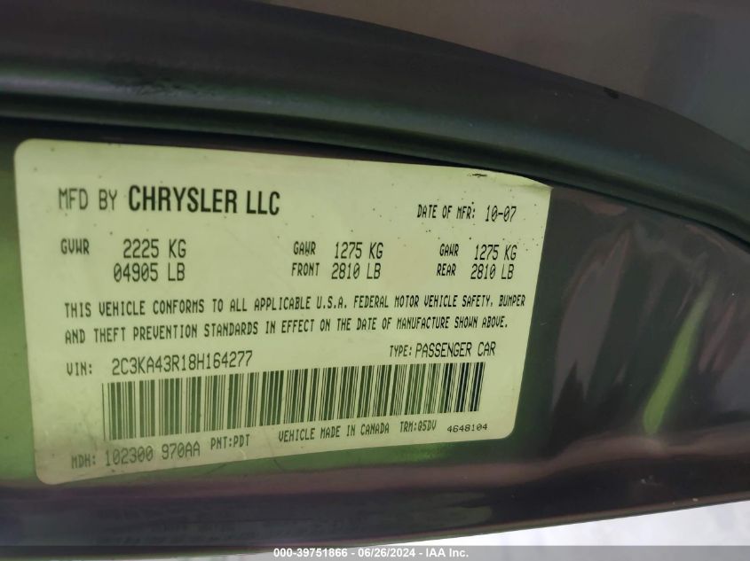 2008 Chrysler 300 Lx VIN: 2C3KA43R18H164277 Lot: 39751866