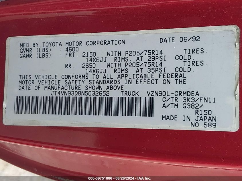 1992 Toyota Pickup 1/2 Ton Ex Lng Whlbse Dlx VIN: JT4VN93D8N5032652 Lot: 39751886