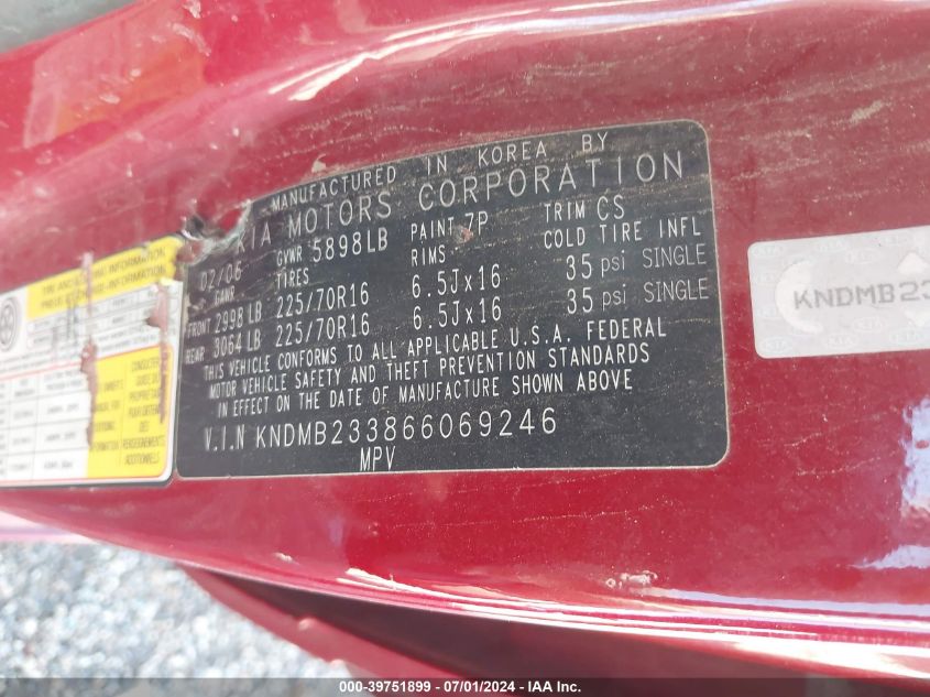 2006 Kia Sedona Ex/Lx VIN: KNDMB233866069246 Lot: 39751899