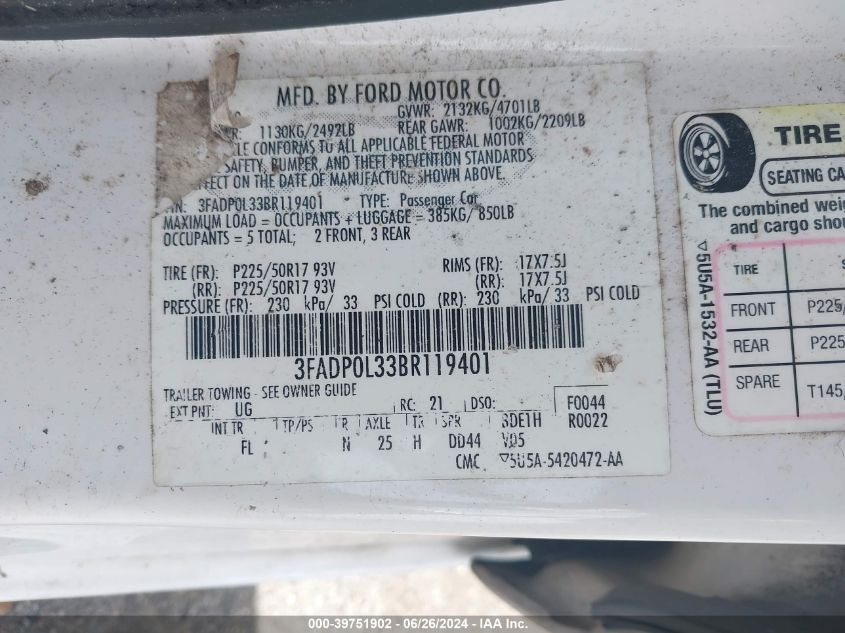 2011 Ford Fusion Hybrid VIN: 3FADP0L33BR119401 Lot: 39751902