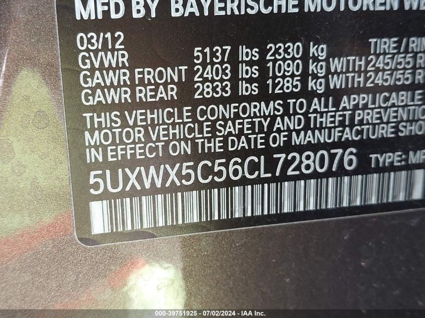 2012 BMW X3 xDrive28I VIN: 5UXWX5C56CL728076 Lot: 39751925