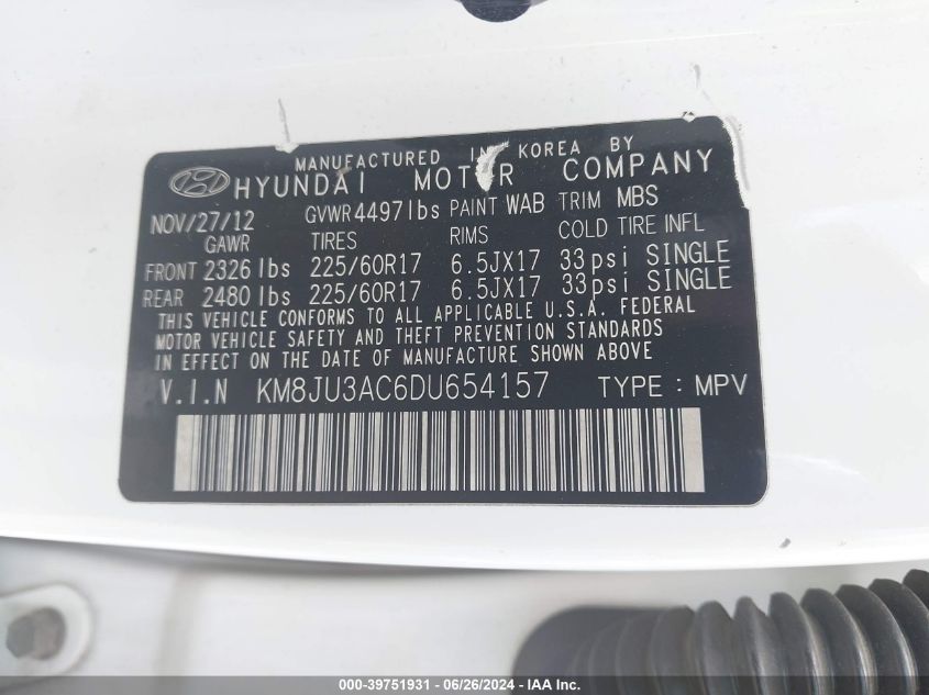 2013 Hyundai Tucson Gls VIN: KM8JU3AC6DU654157 Lot: 39751931