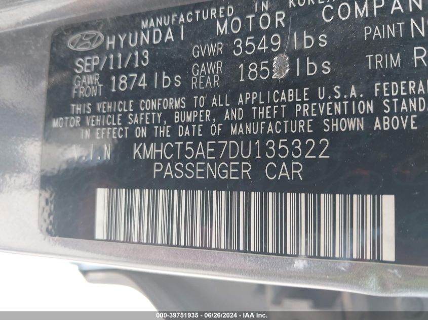 KMHCT5AE7DU135322 | 2013 HYUNDAI ACCENT