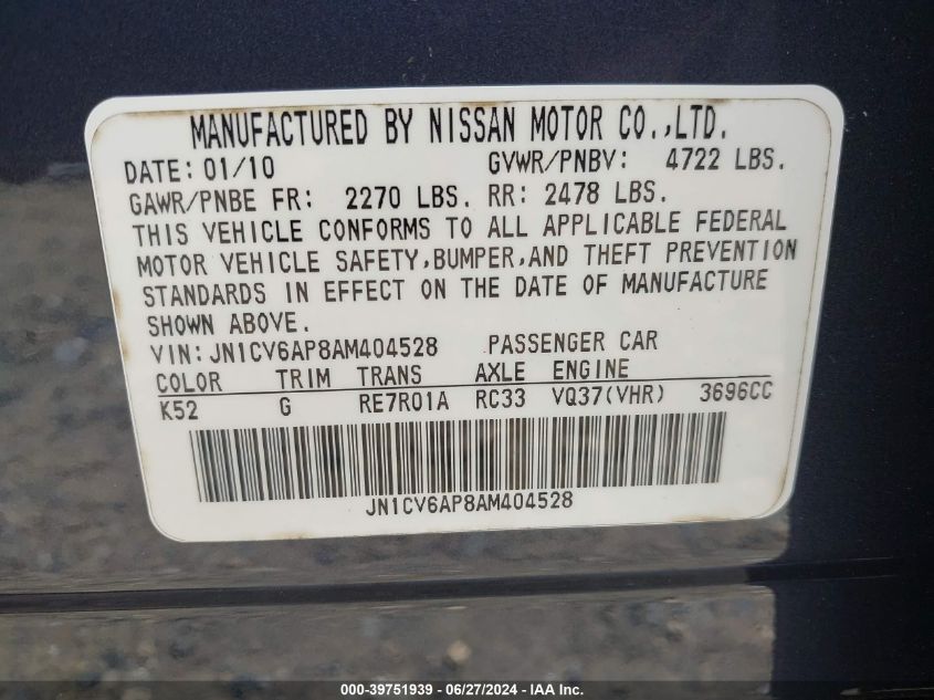 2010 Infiniti G37 Journey VIN: JN1CV6AP8AM404528 Lot: 39751939