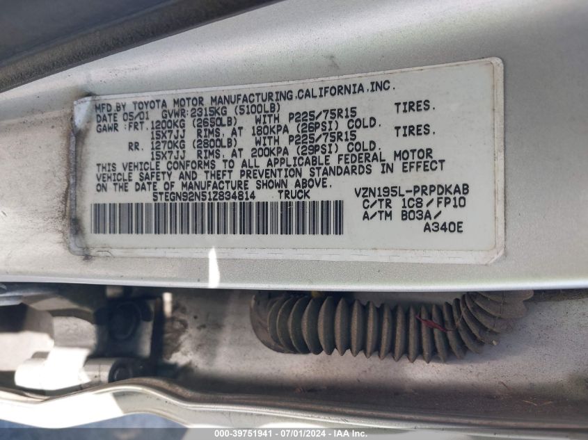 2001 Toyota Tacoma Prerunner V6 VIN: 5TEGN92N51Z834814 Lot: 39751941