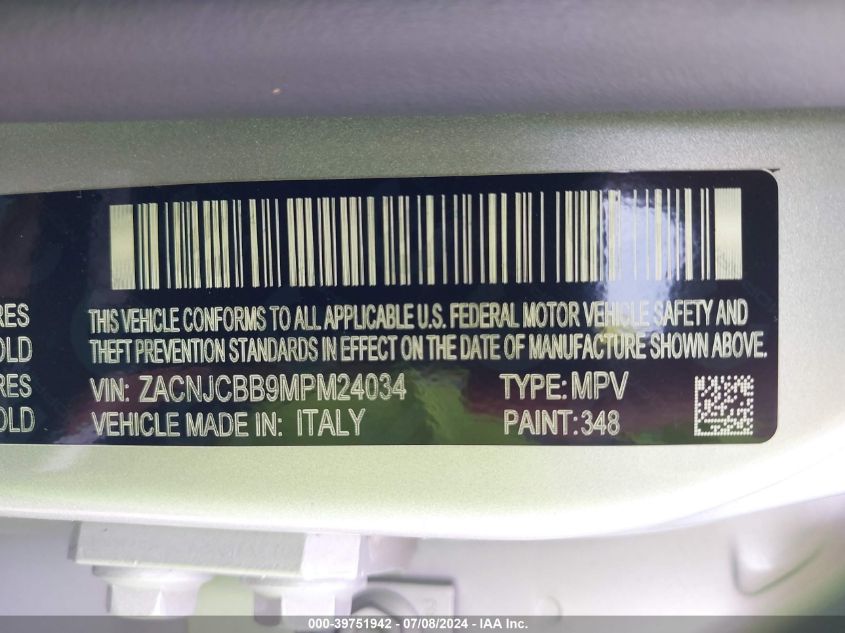 2021 Jeep Renegade Latitude Fwd VIN: ZACNJCBB9MPM24034 Lot: 39751942